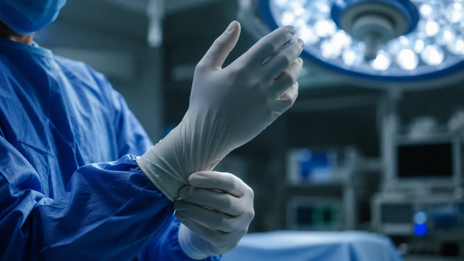 Surgeon gloving up in a modern operating room under blue surgical lights