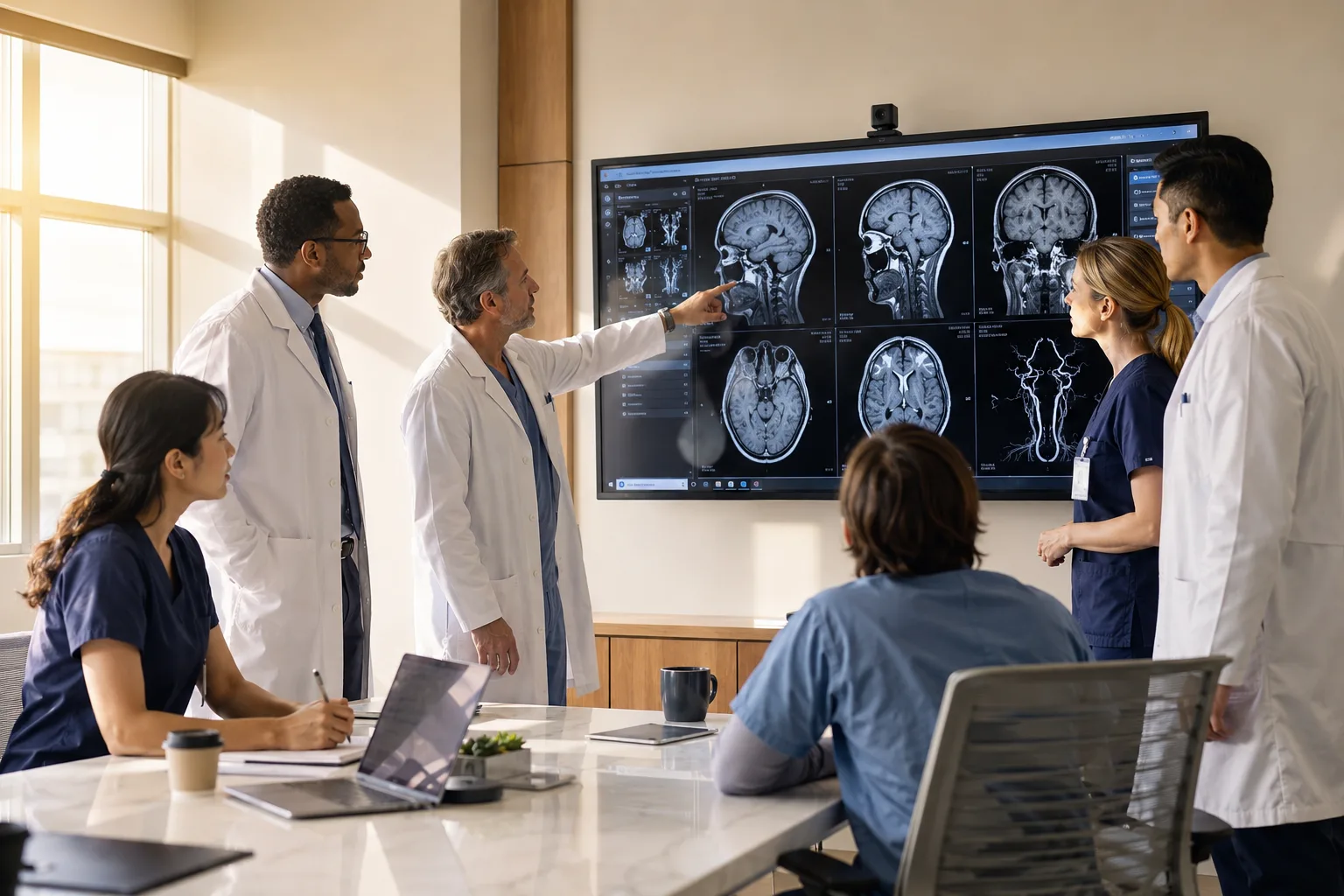 International medical team reviewing imaging scans together