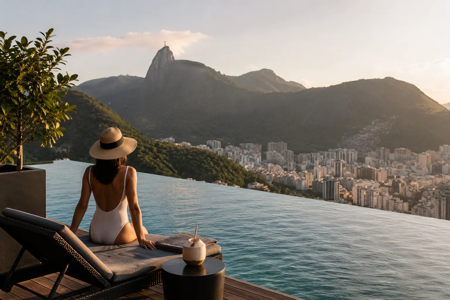 Woman relaxing by an infinity pool overlooking a mountainous city at sunset